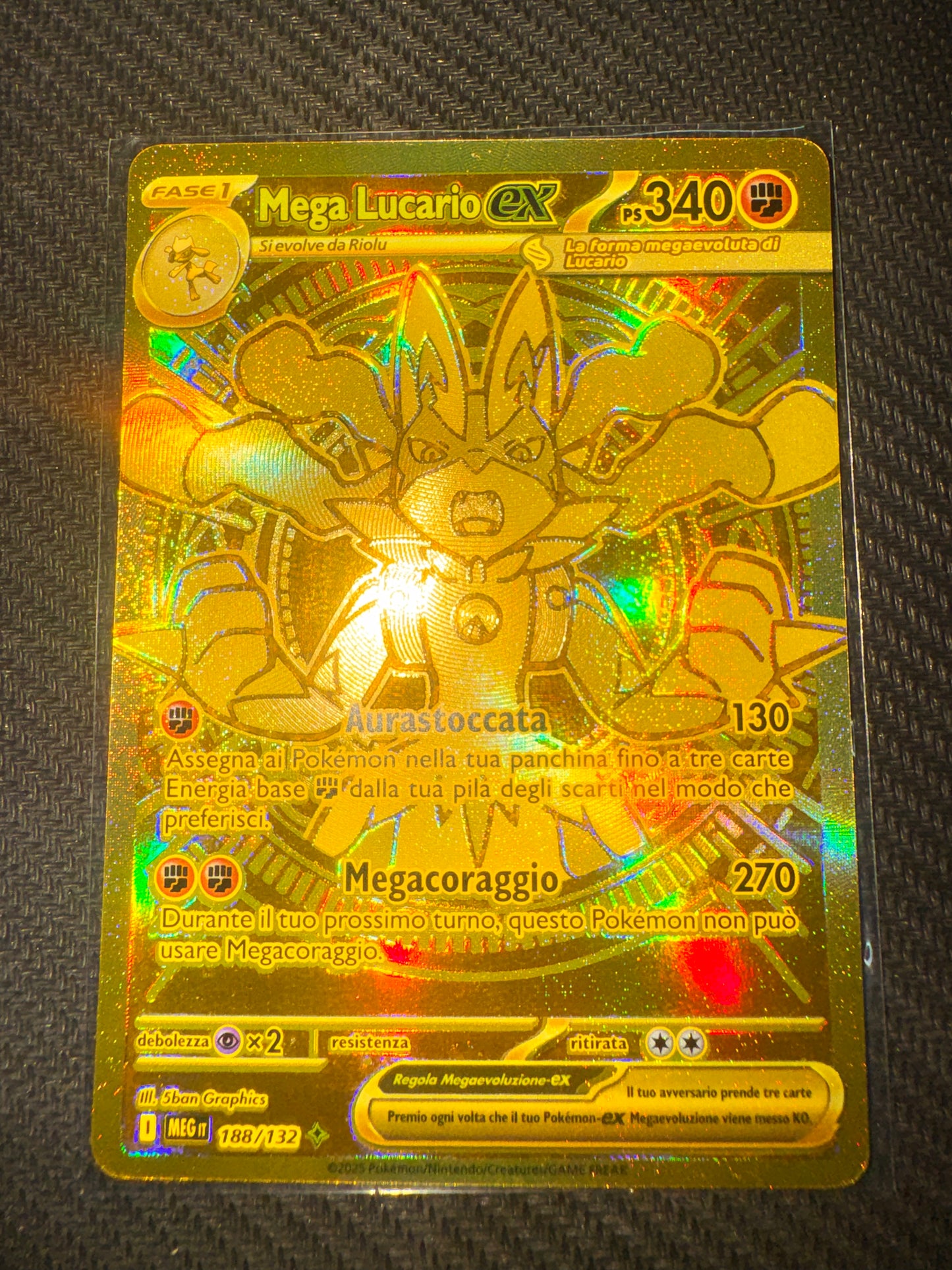 Pokémon TCG - Mega Lucario ex 188/132 Hyper Rare Gold (MUR) - Megaevoluzione [Italiano] (Vedere bene immagini retro)
